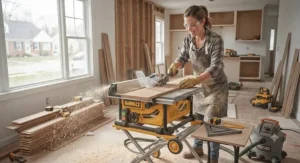 A DIY enthusiast using a portable table saw to complete a home renovation project.