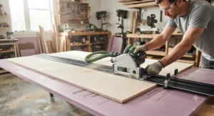 A woodworker using a track saw to make a precision cut on a large sheet of plywood on a foam board base.