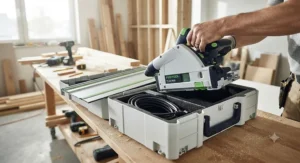 A portable track saw being packed into a tool case, highlighting its ease of transport for job site work.
