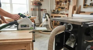 Comparison of dust extraction ports on a track saw versus a traditional table saw cabinet.