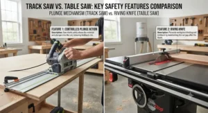 Side-by-side illustration of safety features including a riving knife on a table saw and a plunge mechanism on a track saw.