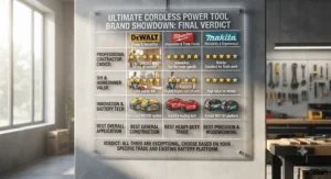 Final verdict summary graphic comparing DeWalt, Milwaukee, and Makita for DIYers and professional contractors.