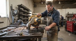 A contractor wearing safety glasses operating a cut off saw to cut through steel tubing.