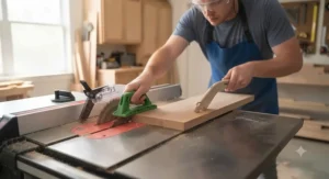 Detailed view of using a push stick to safely guide wood through a table saw blade.
