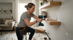 A woman using a top-rated cordless drill to securely install wooden floating shelves in a living room.