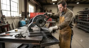 Metal fabricator using a cold cut saw to make clean cuts on a steel pipe