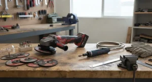 An angle grinder and a die grinder resting on a wooden workbench with various metalworking accessories.