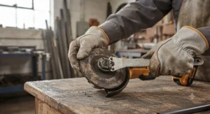 Hands using a spanner wrench to replace a worn grinding disc on a heavy-duty angle grinder.