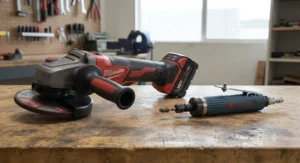An angle grinder and a die grinder placed side by side to compare their sizes and designs.