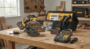A complete cordless circular saw kit including extra batteries, a charger, and a storage bag.