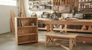 Completed DIY wooden bookshelf and coffee table built using a beginner circular saw.