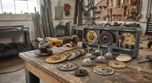 An assortment of cutting wheels, wire brushes, and grinding discs laid out next to a versatile angle grinder.