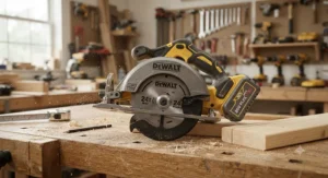 Close-up of a high-performance brushless cordless circular saw resting on a workbench in a workshop.