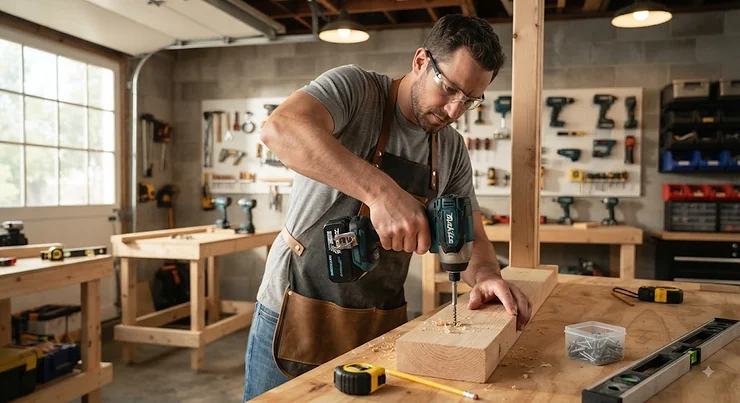 A homeowner using the best impact driver on a home improvement project in a garage.