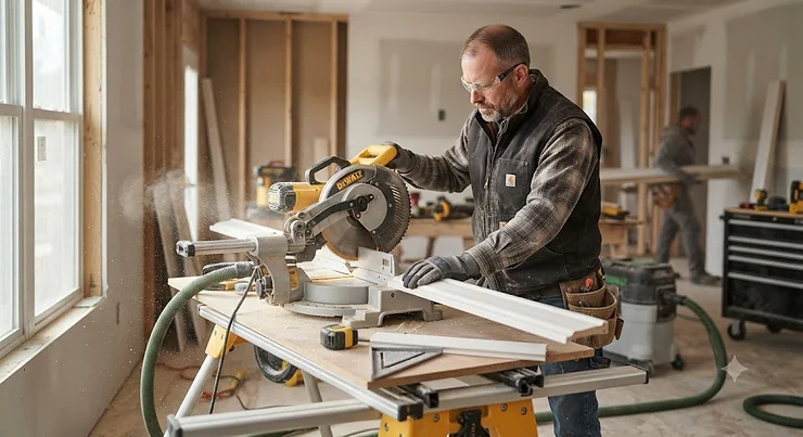 A contractor using the best miter saw for trim work to make precise crown molding cuts on a busy American jobsite.