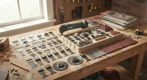 A comprehensive set of various blades and attachments for an oscillating multi-tool laid out on a workbench.