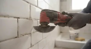 Carbide grit oscillating tool blade cutting through old tile grout during a bathroom remodeling project.