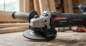 Close-up view of a brushless cordless angle grinder highlighting the adjustable side handle and safety guard.