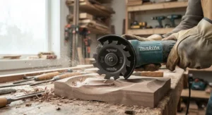 Toothed tungsten carbide shaping disc designed for woodworking and carving contours with an angle grinder.