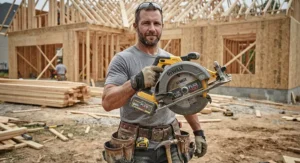 A professional carpenter holding a heavy-duty cordless circular saw outdoors during framing construction.