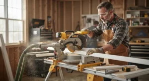 Carpenter wearing safety glasses while operating a top-rated miter saw for precision woodworking and trim.