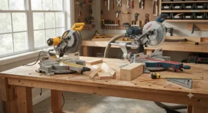 Workshop bench featuring both 10 inch and 12 inch miter saws ready for a project