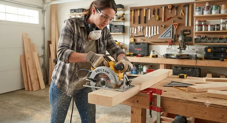 A beginner woodworker safely holding and operating a circular saw in a home garage workshop. circular saw for beginners