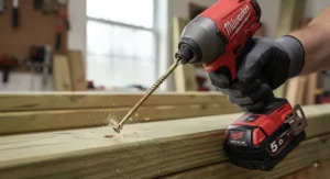Close-up view of the best impact driver quickly driving structural screws into pressure-treated lumber.