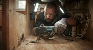 Versatile oscillating multi-tool being used to make a repair cut in a cramped, tight cabinet space.