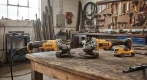 Side-by-side comparison of a corded angle grinder and a battery-powered model on a wooden workbench.