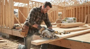 A professional framing contractor cutting dimensional lumber on a residential job site using a heavy-duty worm drive circular saw.