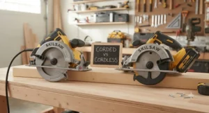 Side-by-side comparison of a corded circular saw and a battery-powered cordless circular saw on a workbench.