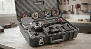 A complete cordless angle grinder kit displayed in a molded case with spare batteries, charger, and grinding wheels.