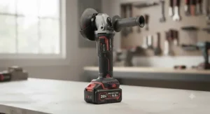 A modern lithium-ion battery powered cordless angle grinder standing upright on a flat surface.