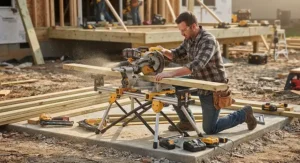 Portable cordless miter saw set up on a job site for quick framing and deck building.