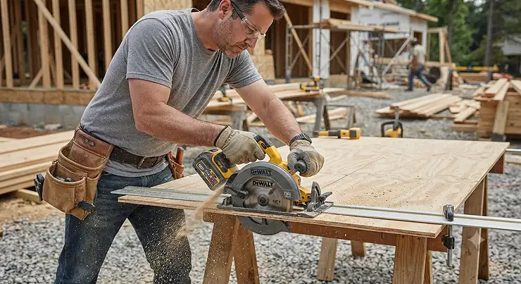 A contractor using a cordless circular saw to make a straight cut through a sheet of plywood on a job site.