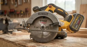 Detailed view of the safety guard and trigger lock on a professional cordless circular saw.