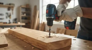 A standard cordless drill driver being used to drill a clean hole into a wooden plank.