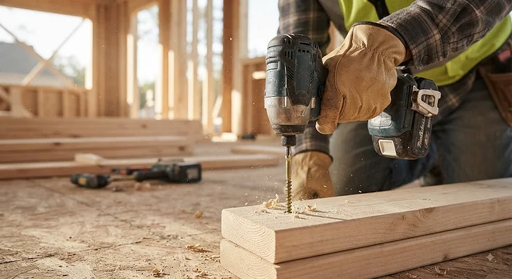 A cordless impact driver driving a long wood screw into a 2x4 board on a construction site. impact driver vs drill driver