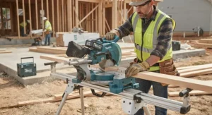 Contractor operating a portable cordless sliding miter saw at an outdoor job site