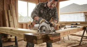 A heavy-duty worm drive circular saw cutting cleanly through thick wet lumber and LVL beams on a construction project.