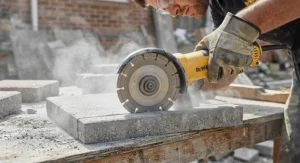 Segmented diamond blade mounted on an angle grinder for dry-cutting concrete pavers and bricks.