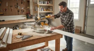 Woodworker using a 10 inch miter saw for a home DIY trim and molding project