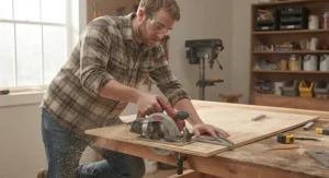 A DIY woodworker making fast, lightweight cross-cuts on plywood using a portable sidewinder circular saw in a home workshop.