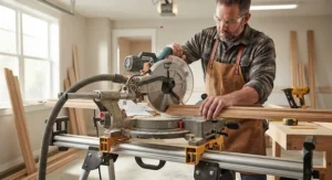Professional contractor using a dual-bevel miter saw to cut crown molding for trim work.