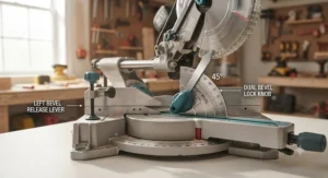 Close-up diagram showing dual bevel angle adjustments on a sliding miter saw