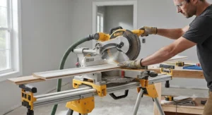 Close-up of a dual-bevel sliding miter saw making clean miter cuts on white painted baseboards for interior trim.