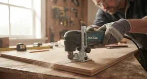 Electric oscillating multi-tool showcasing a depth guide attachment for consistent cutting accuracy.