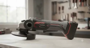 An ergonomic cordless angle grinder showing the paddle switch and rubberized grip for comfortable handling.
