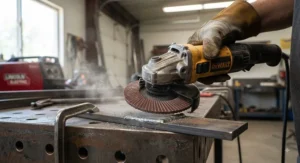 Multi-layered abrasive flap disc on an angle grinder used for smoothing and blending welds on metal.